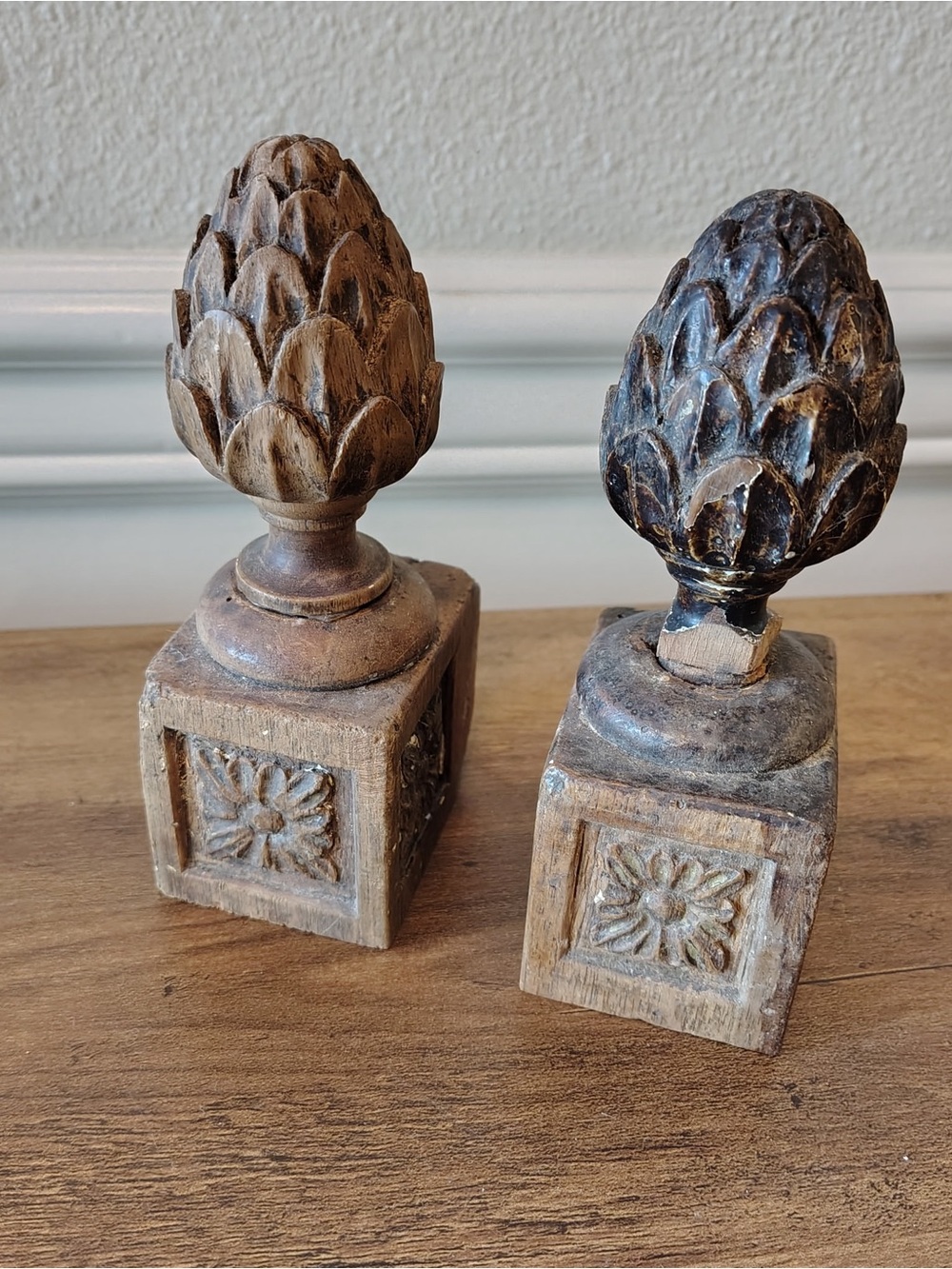 Antique Wood Staircase Finials Pair Carved Artichoke Newel Post Caps Salvage